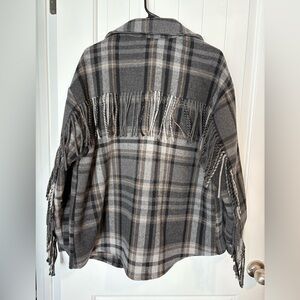 Chelsea & Violet Gray Plaid Shacket with Fringe